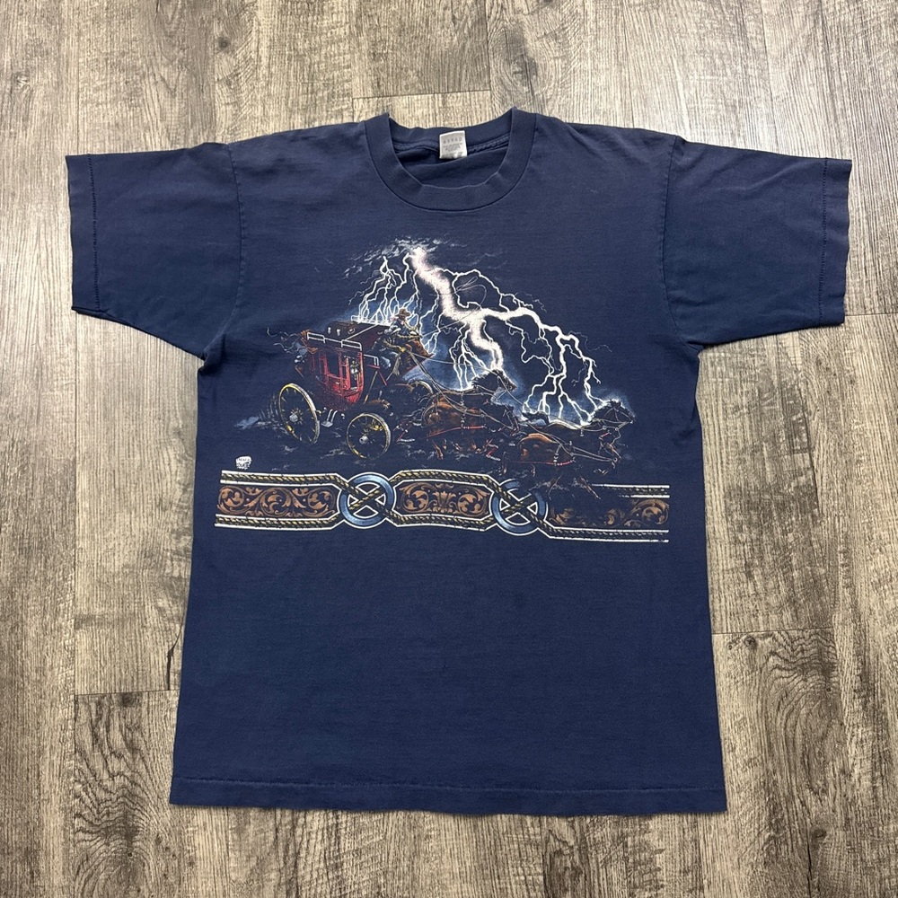 Vintage Stagecoach Carriage Horse Lightning Western T Shirt Single Stitch